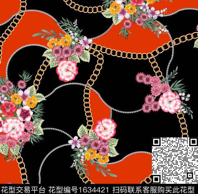 橙黑波浪分割背景珍珠与金链交织粉红簇状花束数码印花花型下载（图片编号: 1634421） - 瓦栏（Walan）