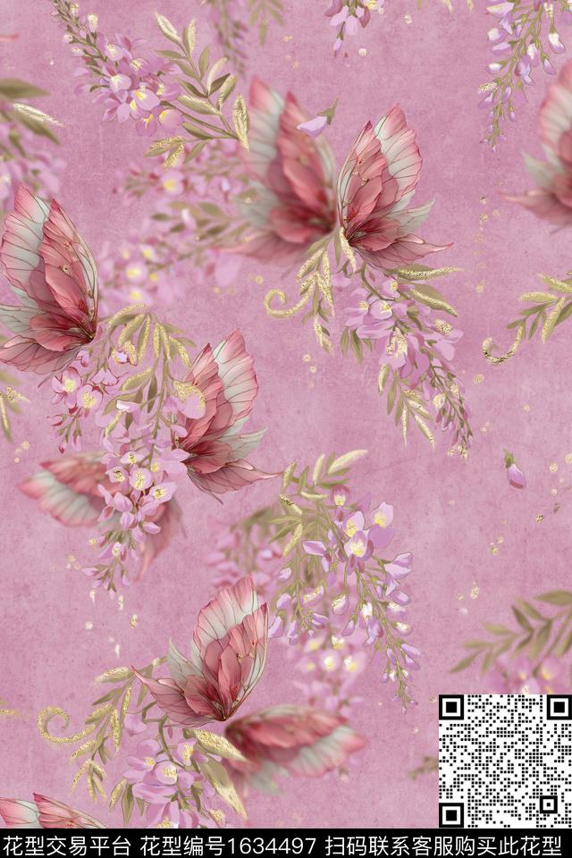 花卉蝴蝶手绘花卉数码印花花型下载（图片编号: 1634497） - 瓦栏（Walan）