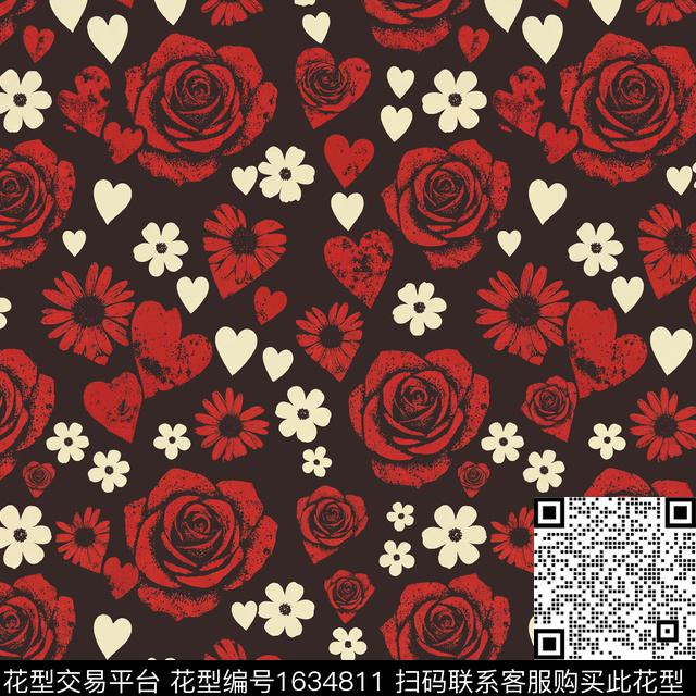爱心花卉黑底花卉数码印花花型下载（图片编号: 1634811） - 瓦栏（Walan）