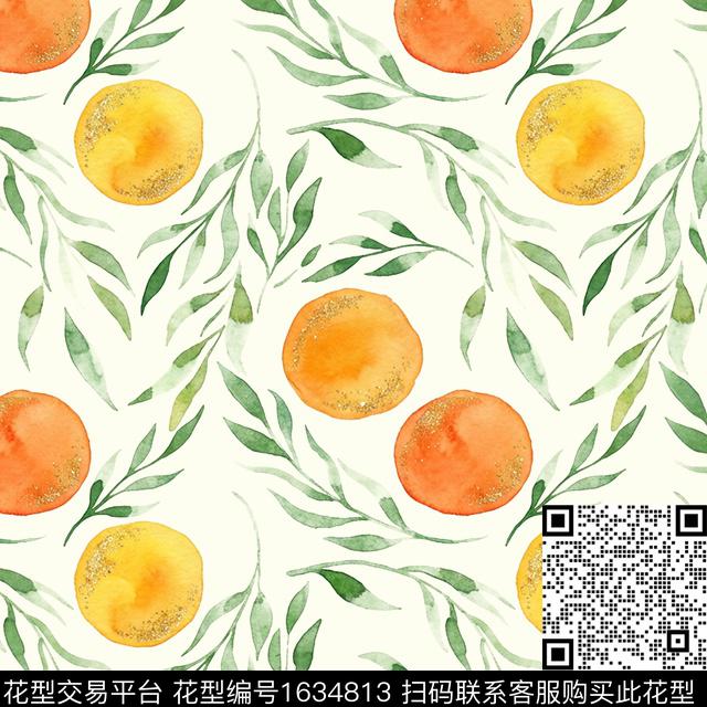 水彩叶子橙子数码印花花型下载（图片编号: 1634813） - 瓦栏（Walan）