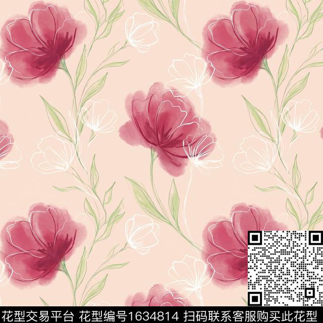 花卉水彩花卉线条花卉数码印花花型下载（图片编号: 1634814） - 瓦栏（Walan）
