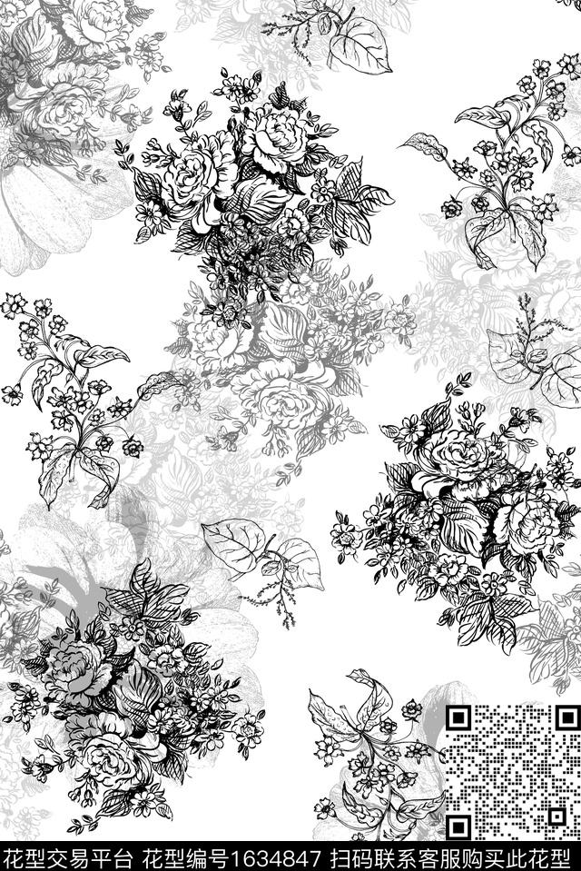 花卉线条花卉黑白数码印花花型下载（图片编号: 1634847） - 瓦栏（Walan）