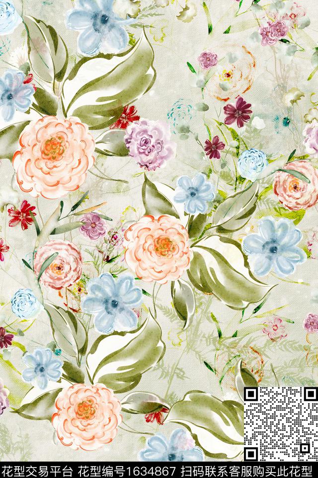 花卉水彩花卉手绘花卉数码印花花型下载（图片编号: 1634867） - 瓦栏（Walan）