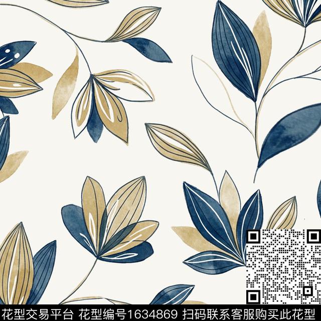 水彩叶子线条画数码印花花型下载（图片编号: 1634869） - 瓦栏（Walan）