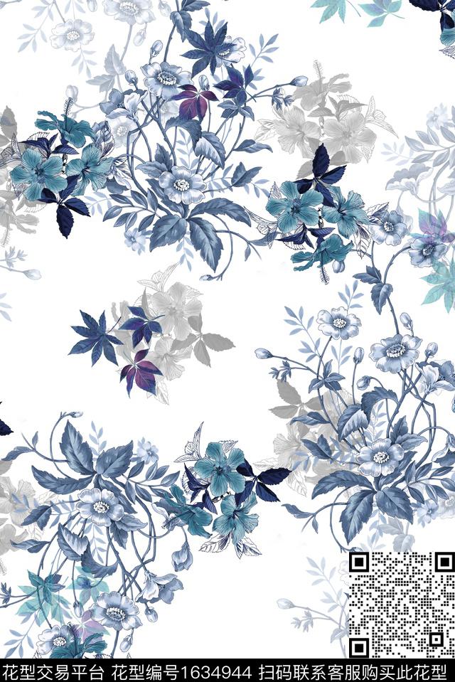 花卉影花白底花数码印花花型下载（图片编号: 1634944） - 瓦栏（Walan）