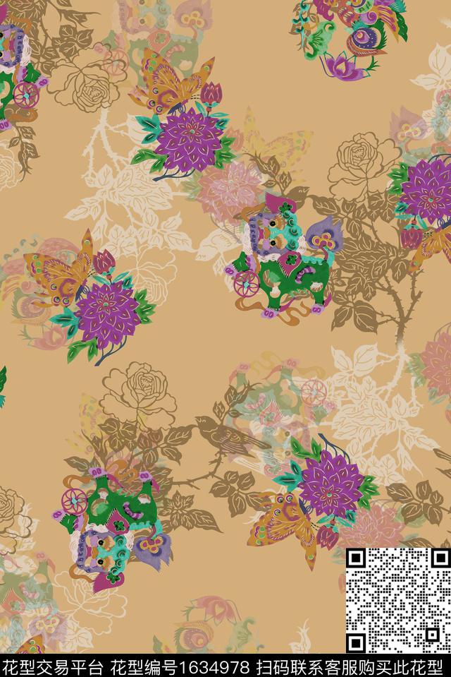 古典花纹剪影线条花卉数码印花花型下载（图片编号: 1634978） - 瓦栏（Walan）