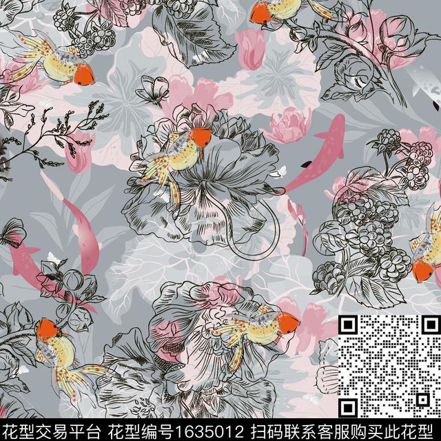花卉线条花卉鱼数码印花花型下载（图片编号: 1635012） - 瓦栏（Walan）