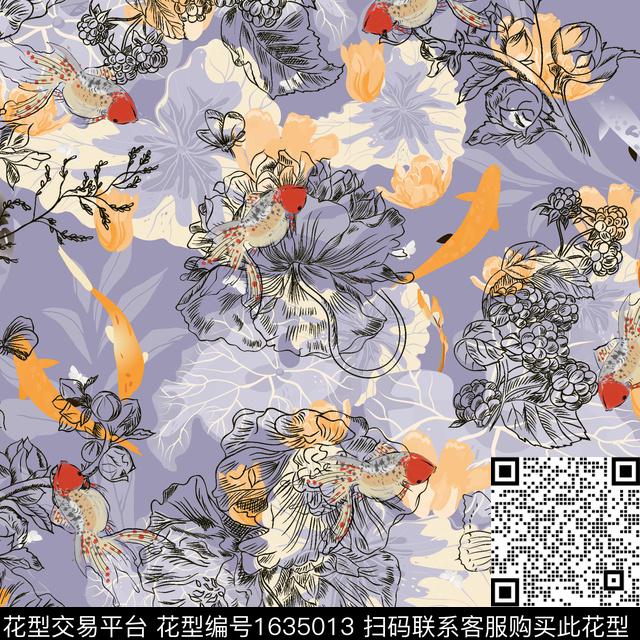 荷花线条花卉鱼数码印花花型下载（图片编号: 1635013） - 瓦栏（Walan）