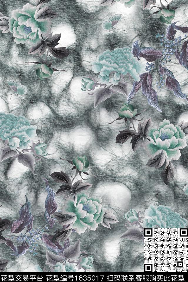 绣花花型晕染肌理牡丹数码印花花型下载（图片编号: 1635017） - 瓦栏（Walan）