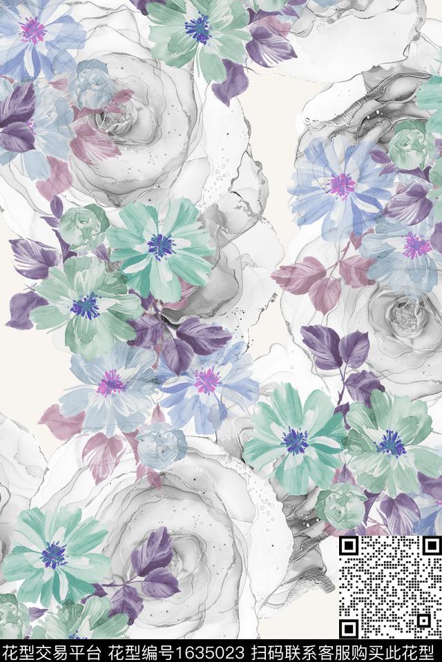 花卉水彩花卉大花底纹数码印花花型下载（图片编号: 1635023） - 瓦栏（Walan）