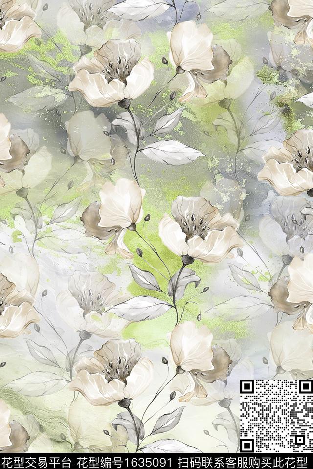 晕染肌理水彩花卉休闲风数码印花花型下载（图片编号: 1635091） - 瓦栏（Walan）
