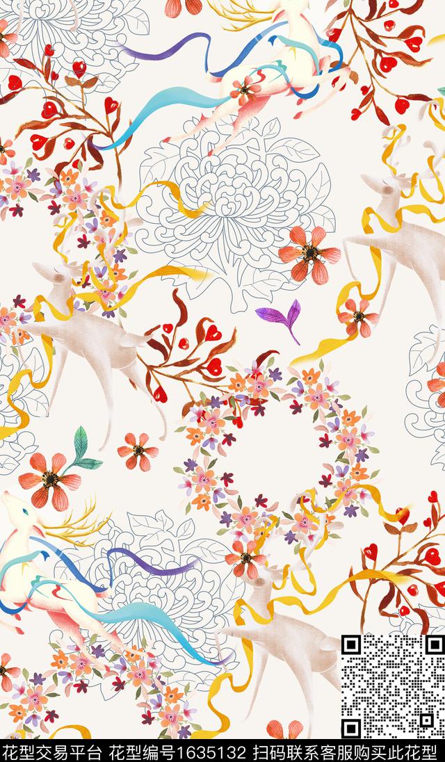 古典花纹小碎花九色鹿数码印花花型下载（图片编号: 1635132） - 瓦栏（Walan）