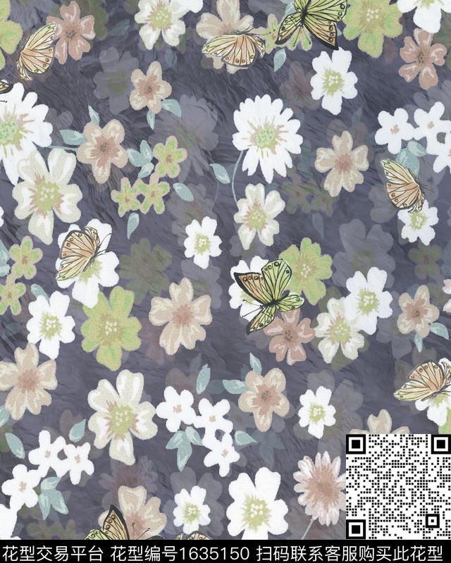 花卉影花蝴蝶数码印花花型下载（图片编号: 1635150） - 瓦栏（Walan）
