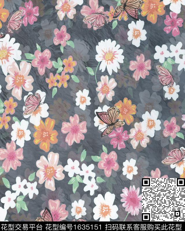 晕染肌理小碎花花卉蝴蝶数码印花花型下载（图片编号: 1635151） - 瓦栏（Walan）