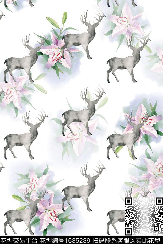百合水彩鹿数码印花花型下载（图片编号: 1635239） - 瓦栏（Walan）
