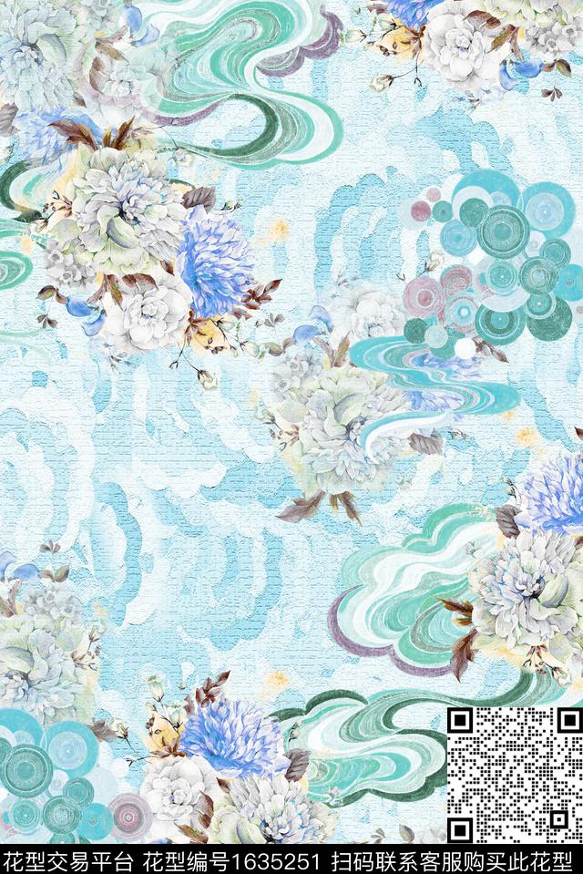 肌理水彩花卉牡丹数码印花花型下载（图片编号: 1635251） - 瓦栏（Walan）
