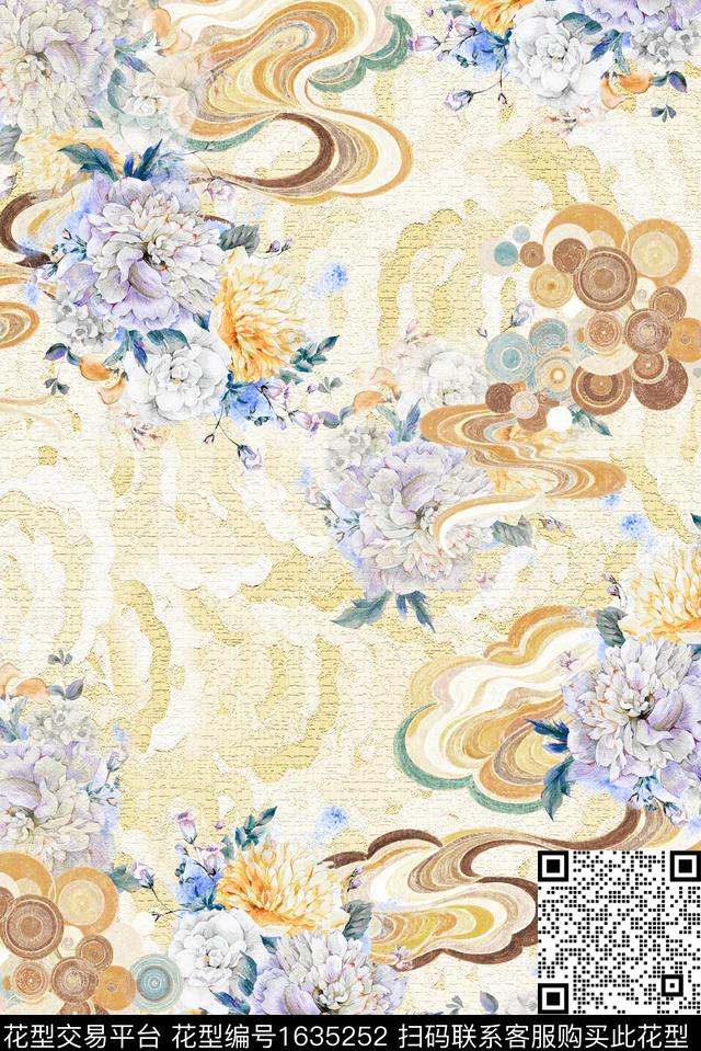 肌理水彩花卉牡丹数码印花花型下载（图片编号: 1635252） - 瓦栏（Walan）