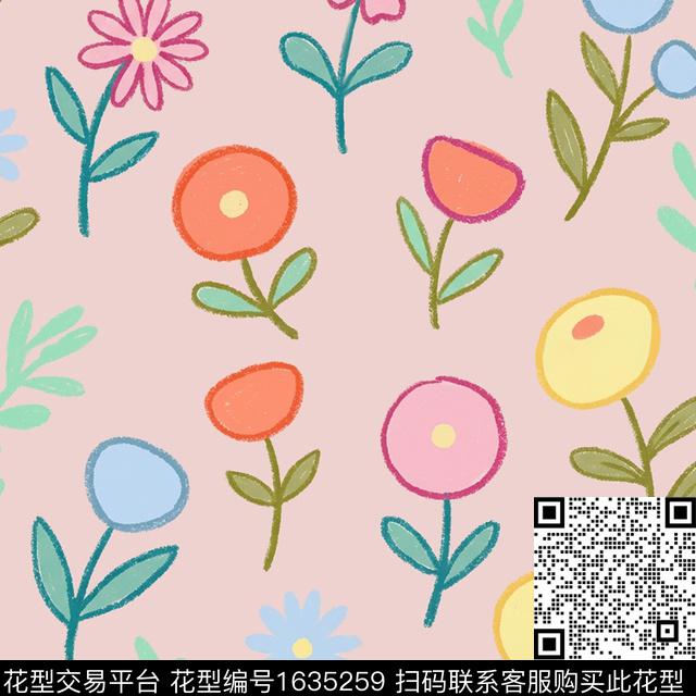 花卉趣味蜡笔数码印花花型下载（图片编号: 1635259） - 瓦栏（Walan）