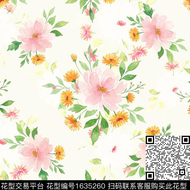 小清新花卉水彩花卉数码印花花型下载（图片编号: 1635260） - 瓦栏（Walan）