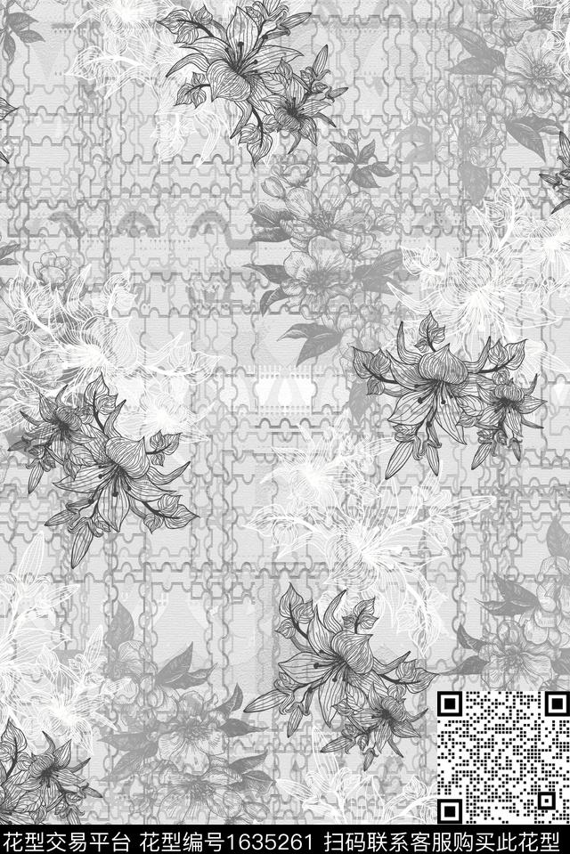 彩色几何肌理玉兰花数码印花花型下载（图片编号: 1635261） - 瓦栏（Walan）