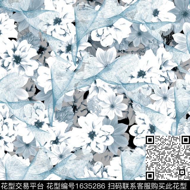 清爽底花卉线条抽象花卉数码印花花型下载（图片编号: 1635286） - 瓦栏（Walan）