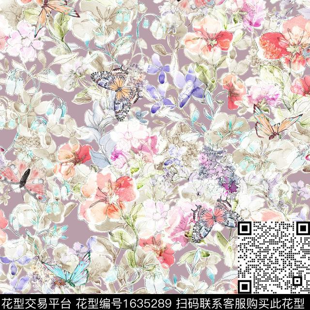 抽象花卉水彩花卉花卉蝴蝶数码印花花型下载（图片编号: 1635289） - 瓦栏（Walan）