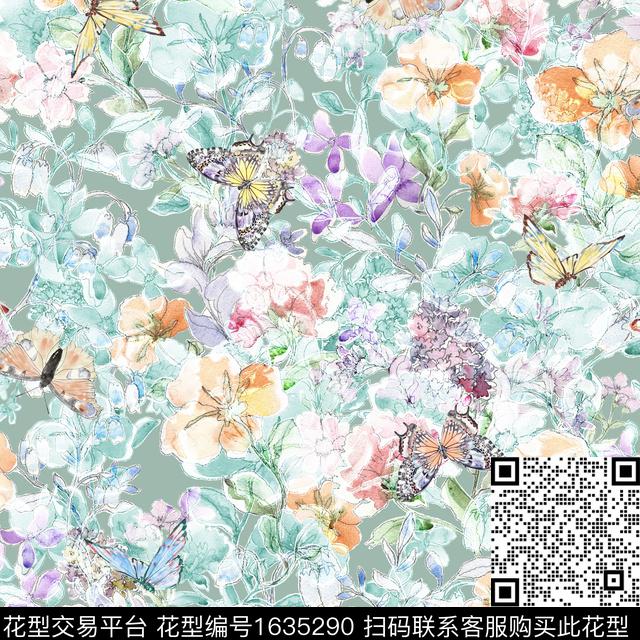 花卉水彩花卉蝴蝶数码印花花型下载（图片编号: 1635290） - 瓦栏（Walan）