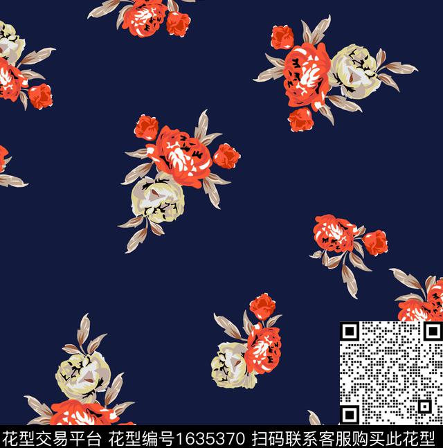 花卉平面花卉深色底花卉传统印花花型下载（图片编号: 1635370） - 瓦栏（Walan）