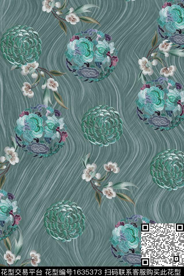 绣花花型晕染肌理菊花数码印花花型下载（图片编号: 1635373） - 瓦栏（Walan）