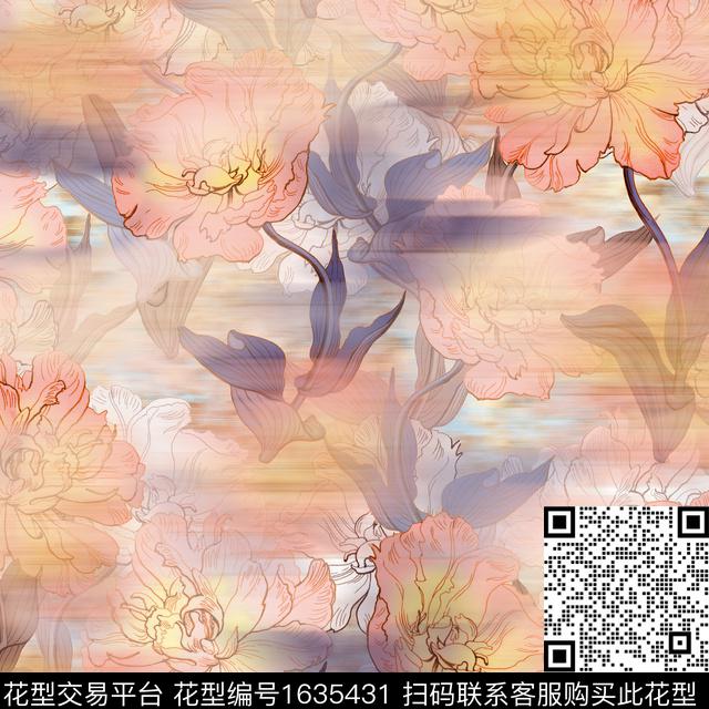 花卉线条花卉模糊数码印花花型下载（图片编号: 1635431） - 瓦栏（Walan）