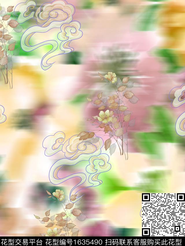花卉祥云模糊花卉数码印花花型下载（图片编号: 1635490） - 瓦栏（Walan）