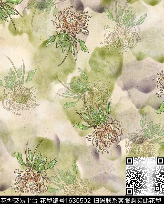 晕染肌理菊花水彩花卉数码印花花型下载（图片编号: 1635502） - 瓦栏（Walan）