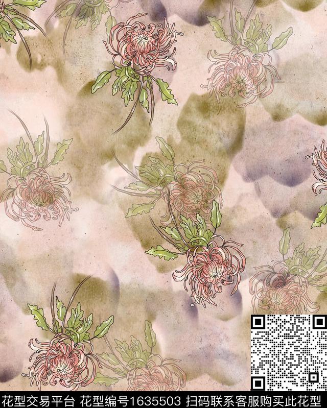 花卉影花晕染数码印花花型下载（图片编号: 1635503） - 瓦栏（Walan）