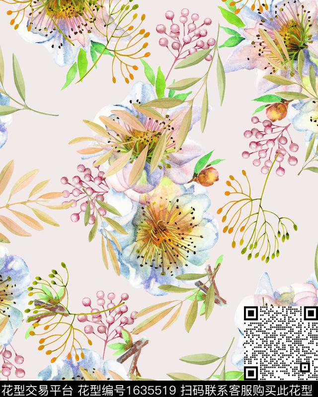 花卉水彩花卉绿植树叶数码印花花型下载（图片编号: 1635519） - 瓦栏（Walan）