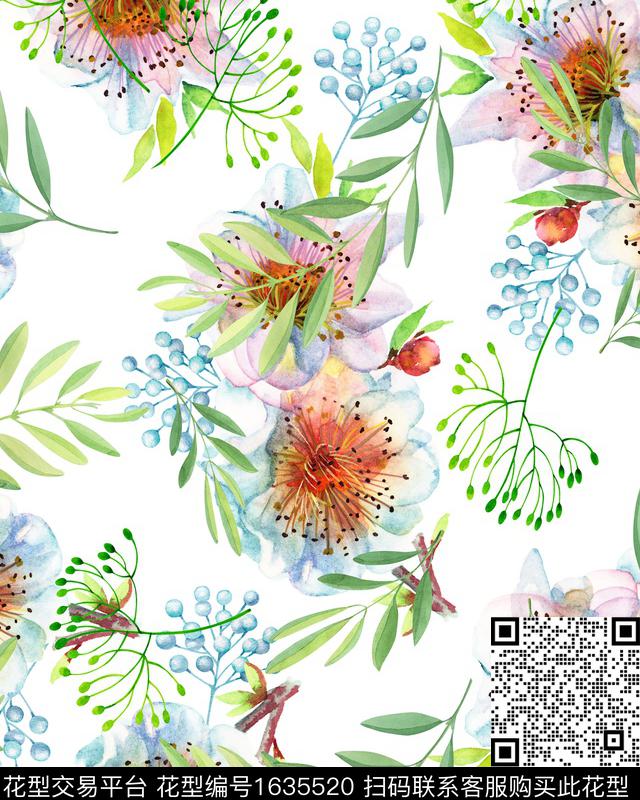 水彩花卉月季花绿植树叶数码印花花型下载（图片编号: 1635520） - 瓦栏（Walan）
