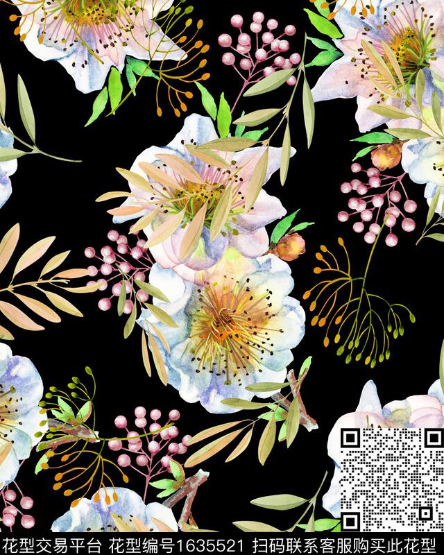 水彩花卉月季花绿植树叶数码印花花型下载（图片编号: 1635521） - 瓦栏（Walan）