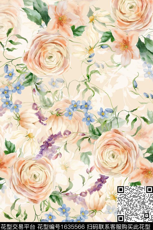 花卉水彩花卉剪影数码印花花型下载（图片编号: 1635566） - 瓦栏（Walan）