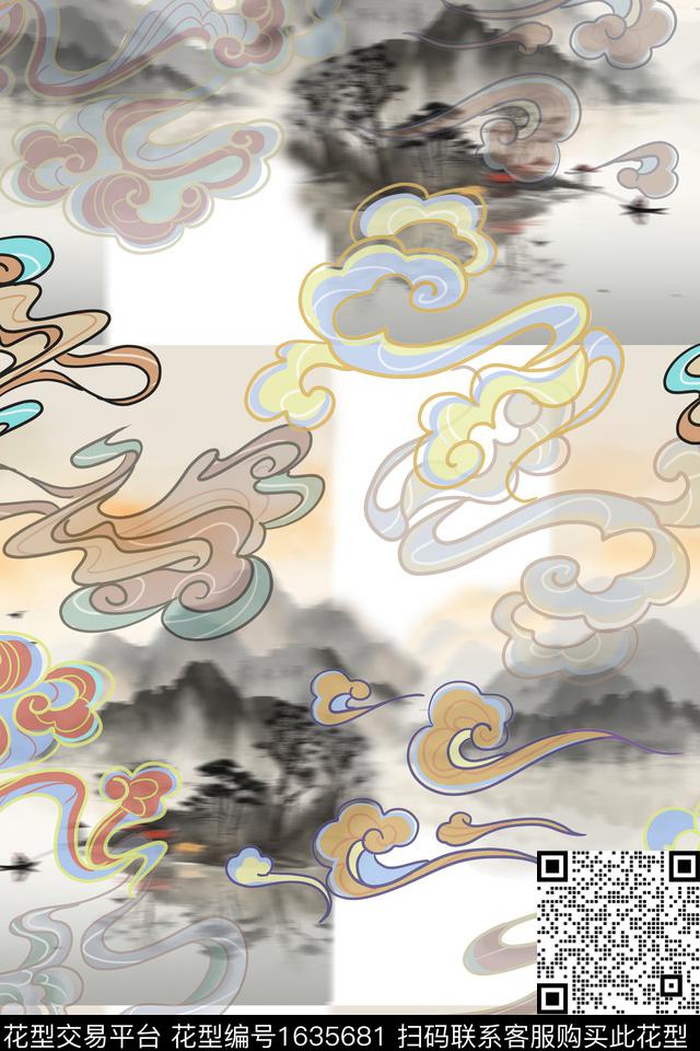 中国风水墨风祥云国画数码印花花型下载（图片编号: 1635681） - 瓦栏（Walan）