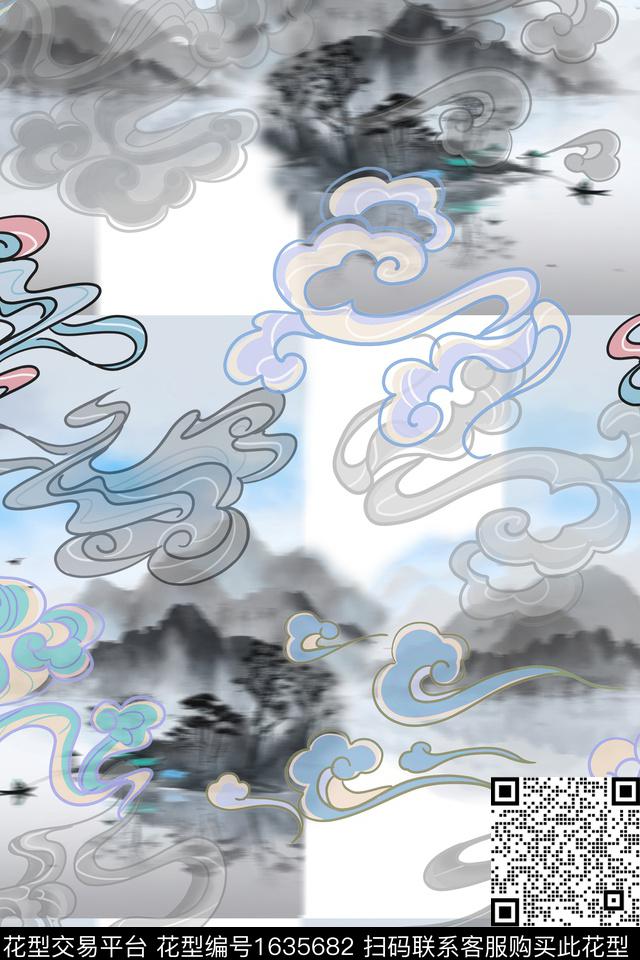混合拼接水墨风祥云数码印花花型下载（图片编号: 1635682） - 瓦栏（Walan）