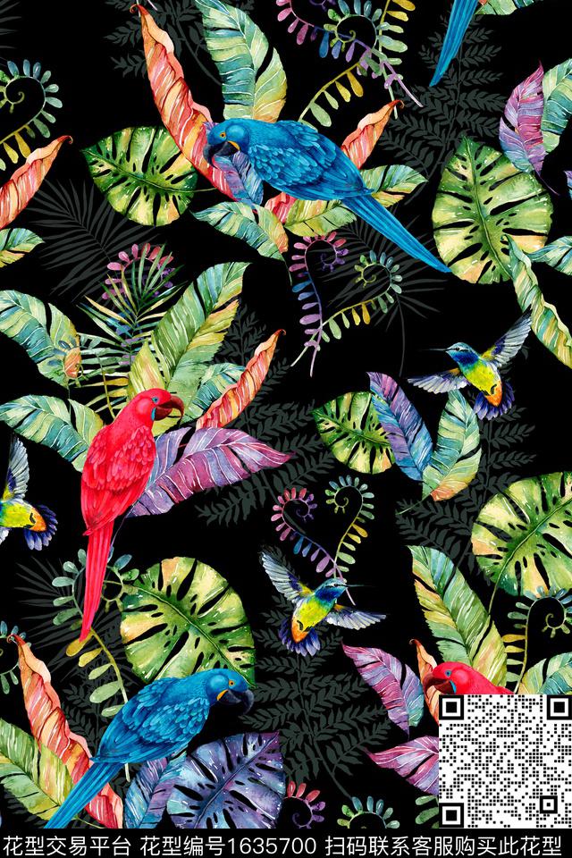鸟热带花型绿植树叶数码印花花型下载（图片编号: 1635700） - 瓦栏（Walan）