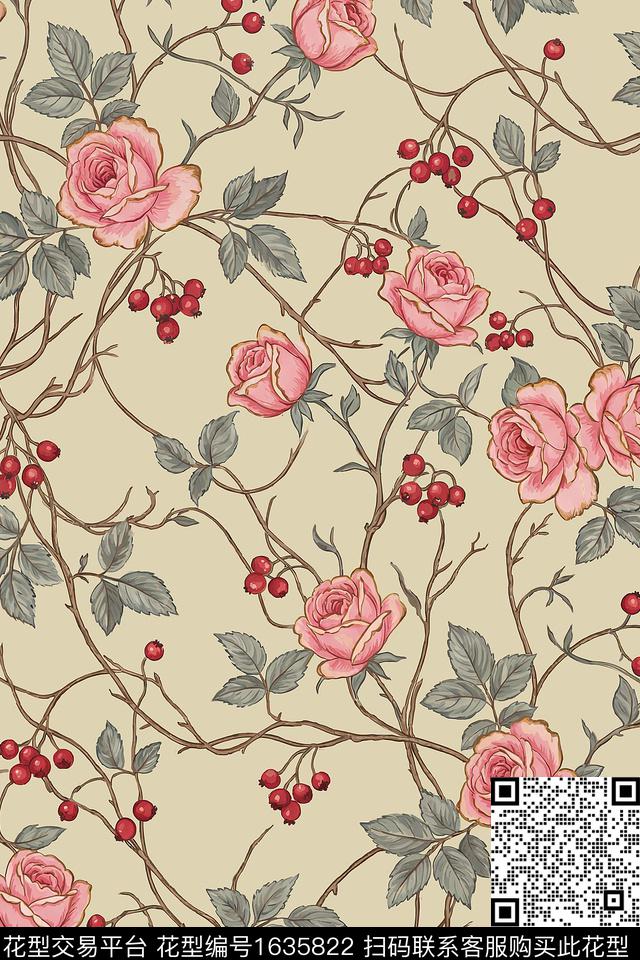花卉枝条花果实数码印花花型下载（图片编号: 1635822） - 瓦栏（Walan）