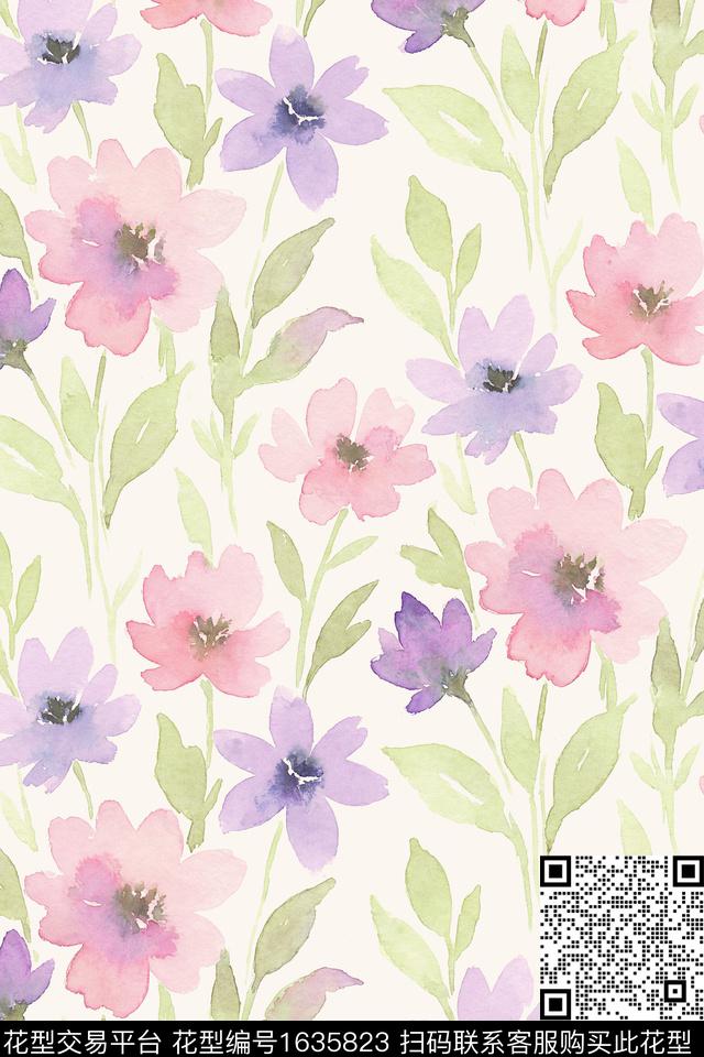 小清新花卉水彩花卉数码印花花型下载（图片编号: 1635823） - 瓦栏（Walan）