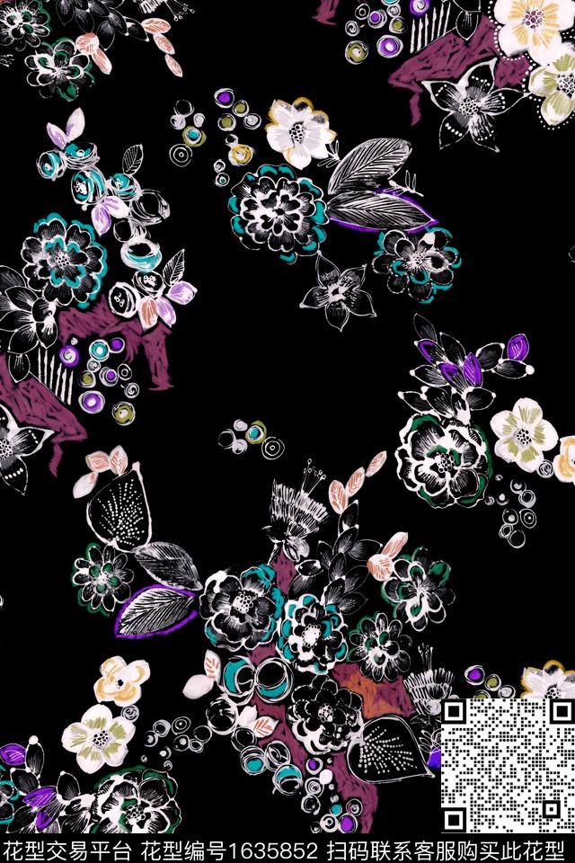 黑底花卉花卉中老年数码印花花型下载（图片编号: 1635852） - 瓦栏（Walan）