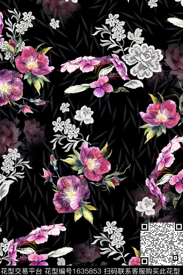 黑底花卉花卉中老年数码印花花型下载（图片编号: 1635853） - 瓦栏（Walan）