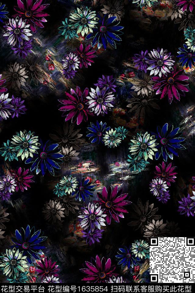 黑底花卉花卉中老年数码印花花型下载（图片编号: 1635854） - 瓦栏（Walan）
