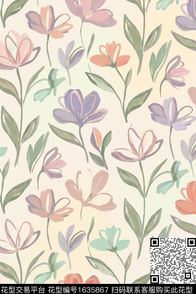 小清新抽象花卉花卉数码印花花型下载（图片编号: 1635867） - 瓦栏（Walan）