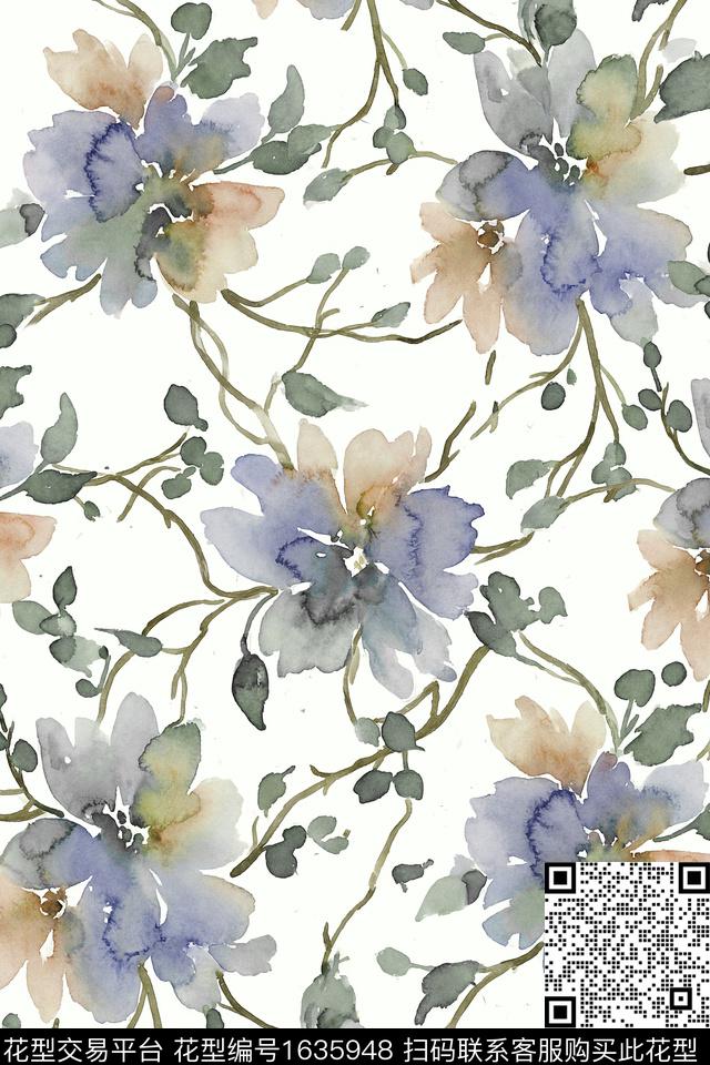 花卉水彩花卉跳接数码印花花型下载（图片编号: 1635948） - 瓦栏（Walan）