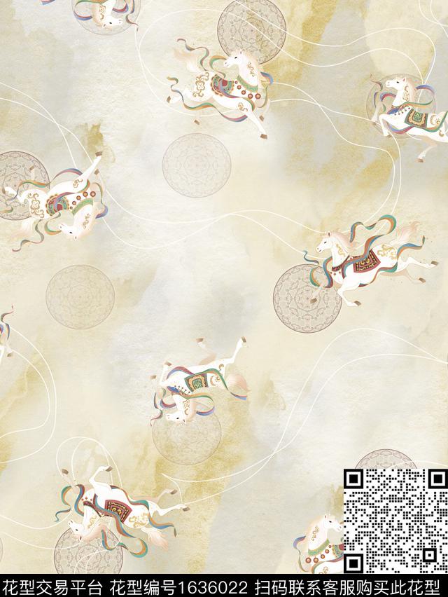 晕染肌理古典花纹马数码印花花型下载（图片编号: 1636022） - 瓦栏（Walan）