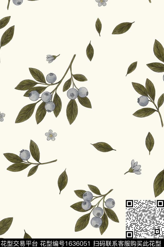 蓝莓花卉叶子数码印花花型下载（图片编号: 1636051） - 瓦栏（Walan）