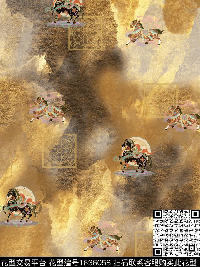 晕染肌理古典花纹马数码印花花型下载（图片编号: 1636058） - 瓦栏（Walan）